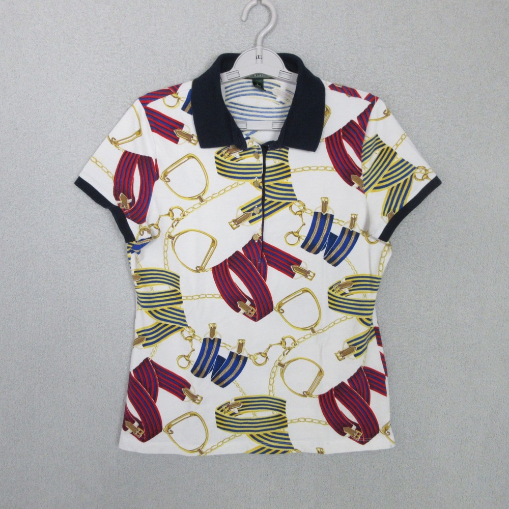 Ralph Lauren Polo Shirt Womens L White Equestrian Chain Belt Print Cotton Top
